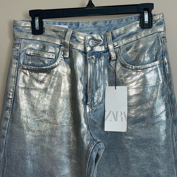 Zara NWT silver coated metallic Jean pants , with distressing at legs size 4 - Picture 3 of 7